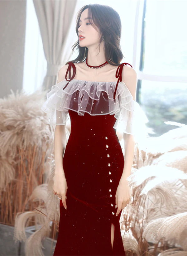 Wine Red Velvet Straps Wedding Party Dress